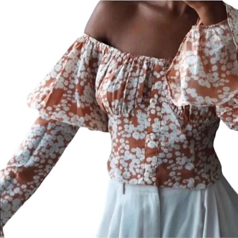Sabo Orange Off Shoulder Cropped Bell Sleeve Blouse Size L